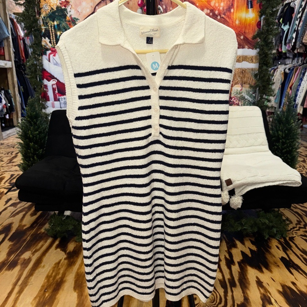 Universal Thread Womens Striped Polo Sweater Vest Dress Cream Navy Blue Size M